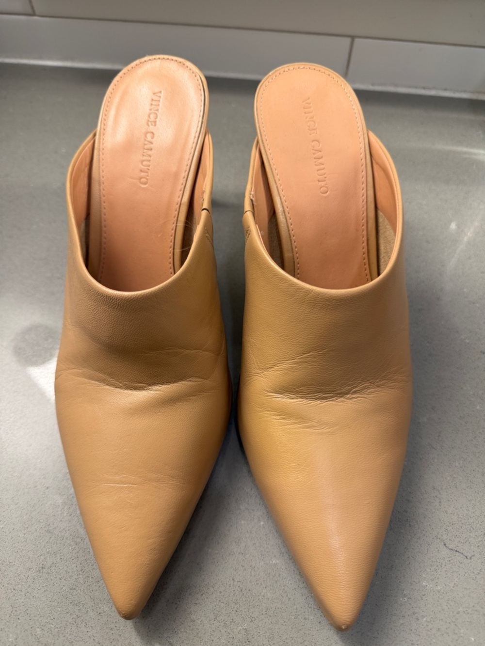 Vince Camuto Tan Leather Pointed Mule Slides